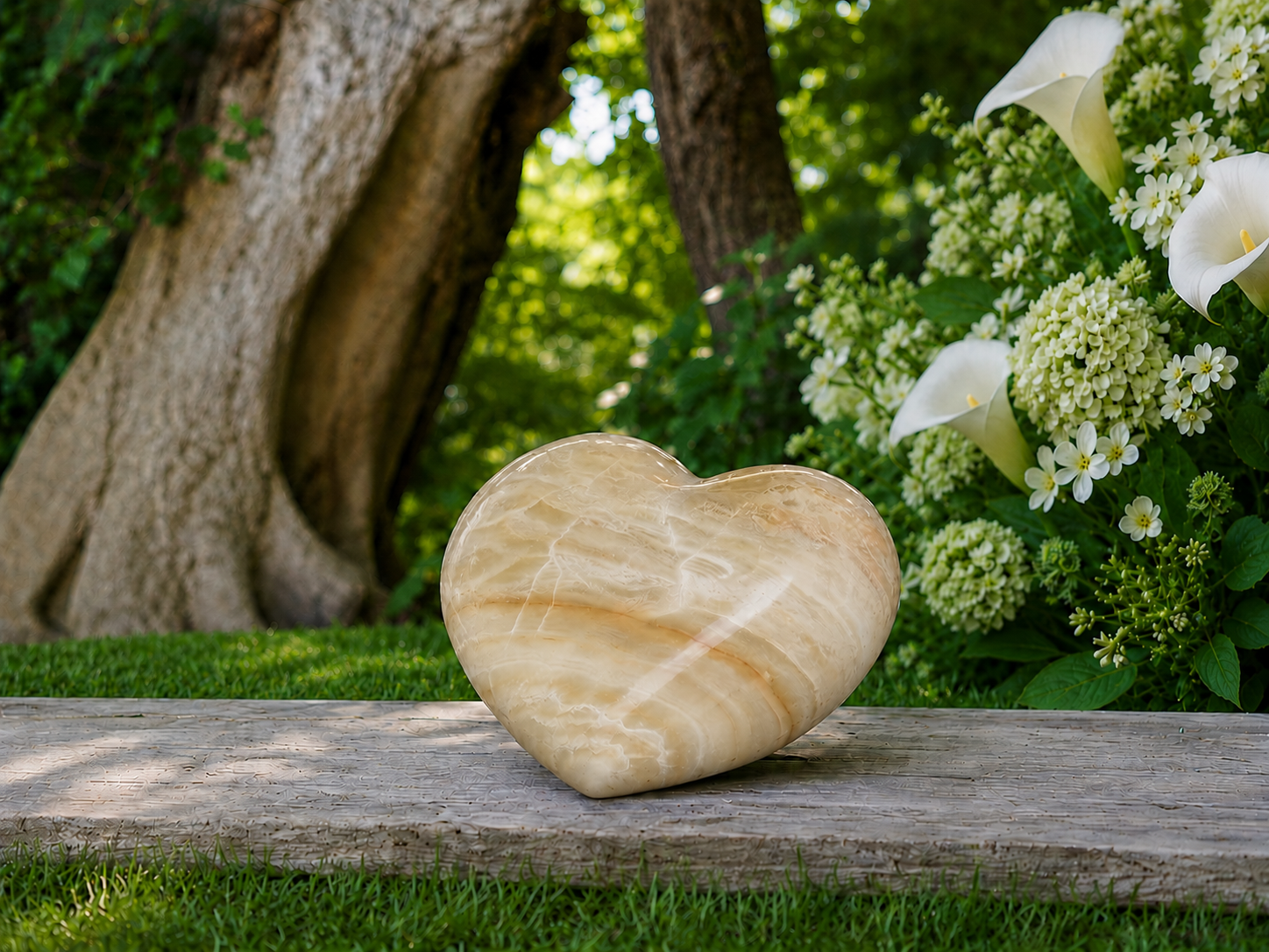 Honey onyx heart memorial urn in a garden setting