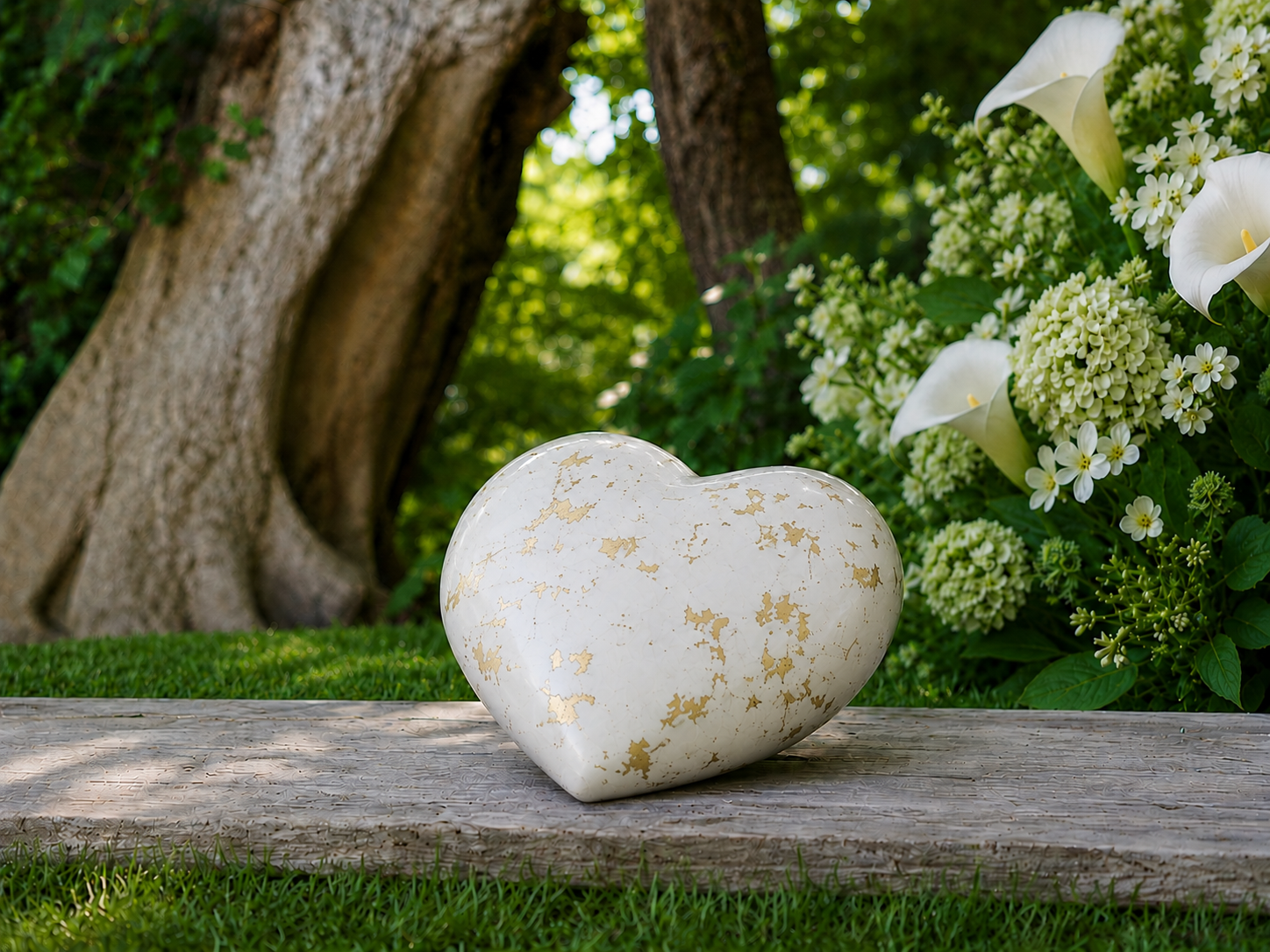Gold-veined white heart memorial urn in a garden setting