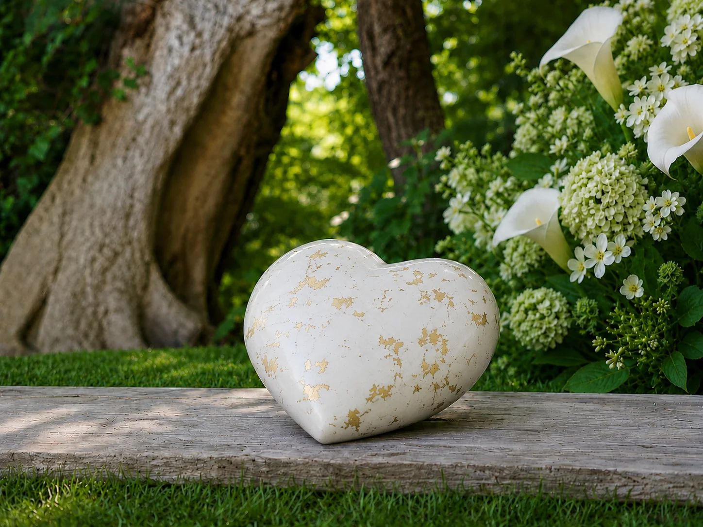 Gold-veined white heart memorial urn in a garden setting