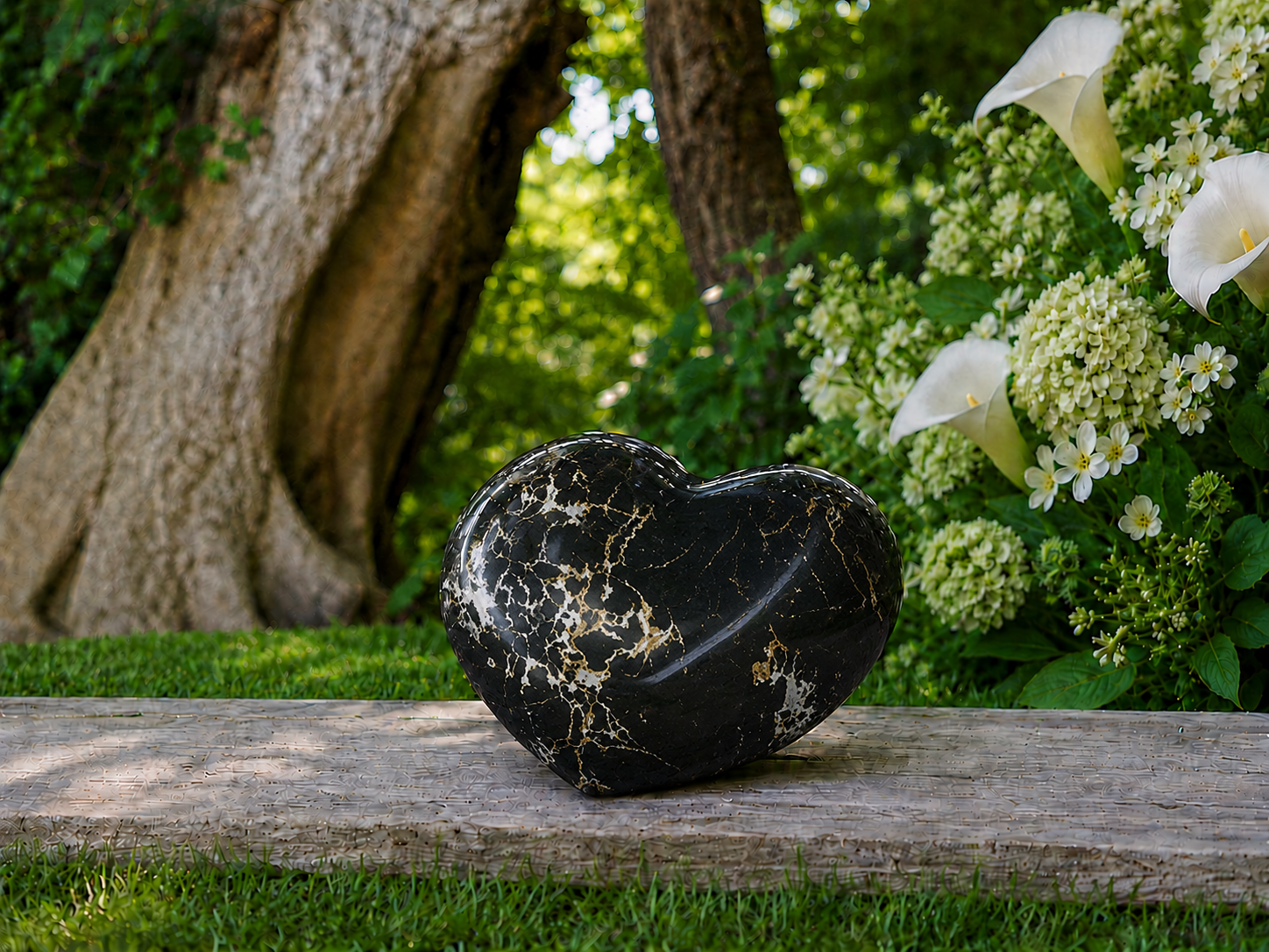 Black and gold marble heart memorial urn in a garden setting