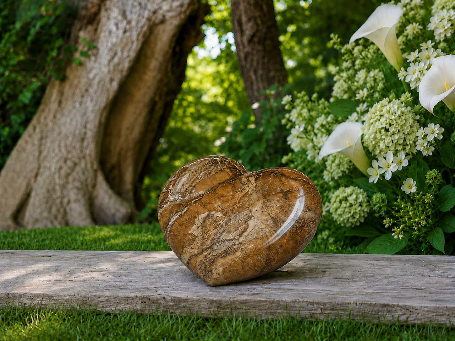 Tan travertine heart memorial urn in a garden setting