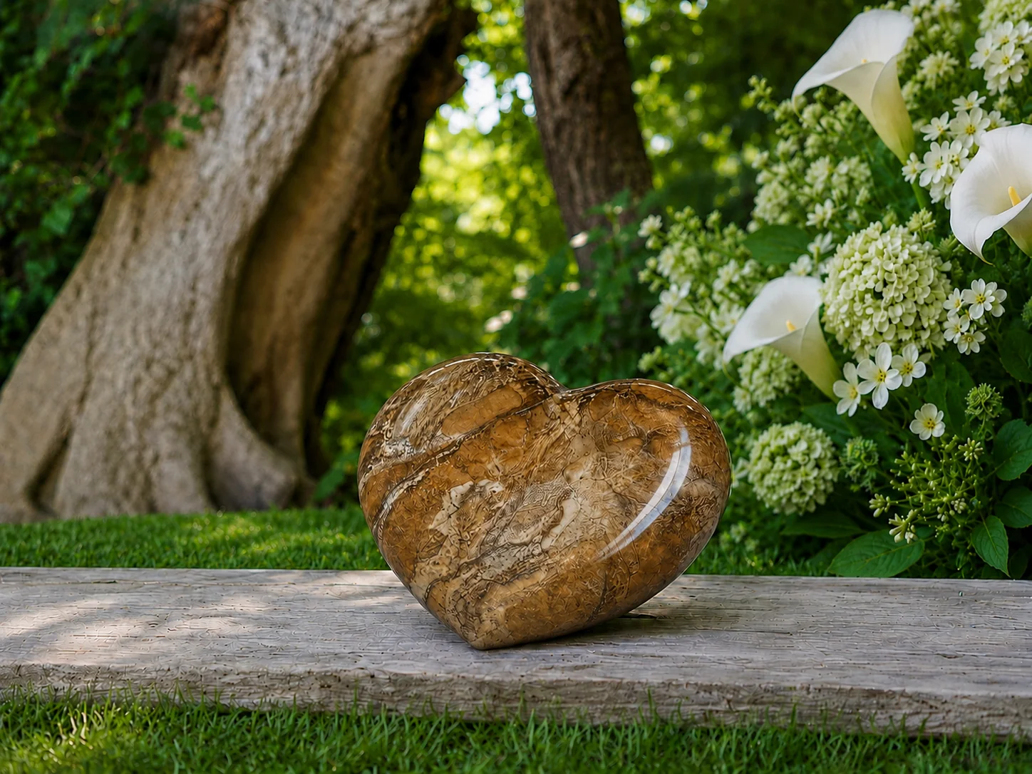 Tan travertine heart memorial urn in a garden setting