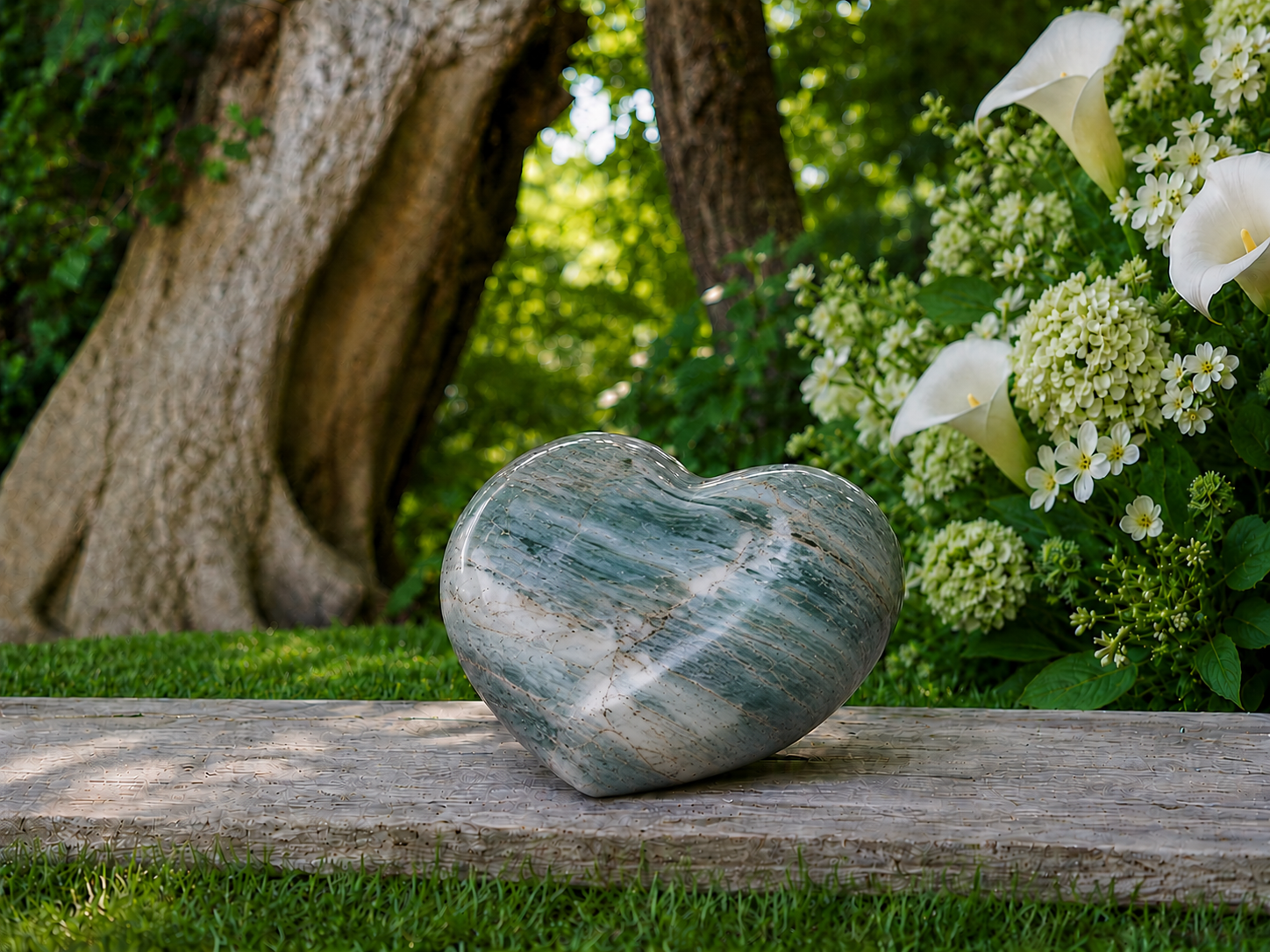 Green marble heart memorial urn in a garden setting