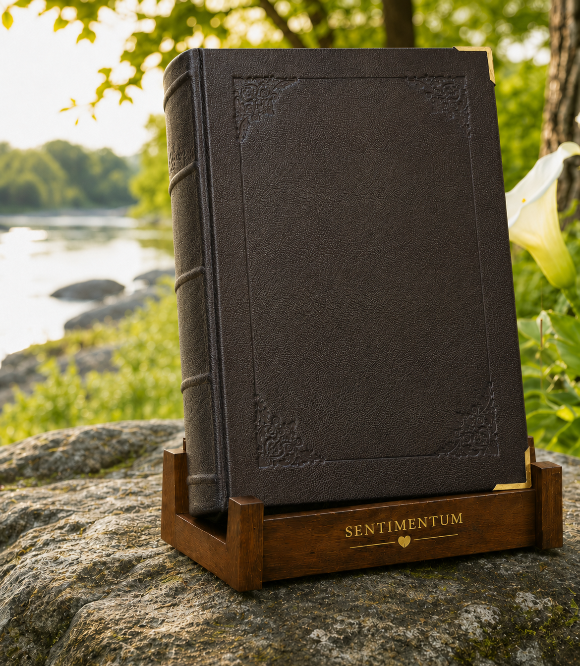 Leather-bound keepsake urn on a wooden stand, book-style, riverside setting