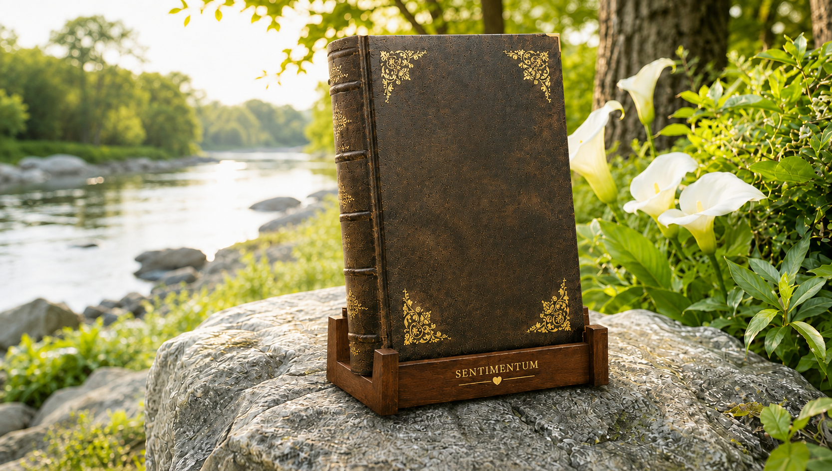Leather-bound keepsake urn on a wooden stand by a river