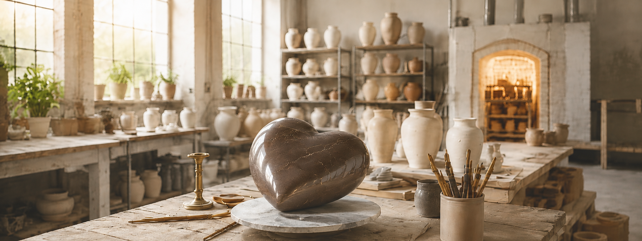 A polished heart urn on a turntable in the Sentimentum studio, ready for engraving